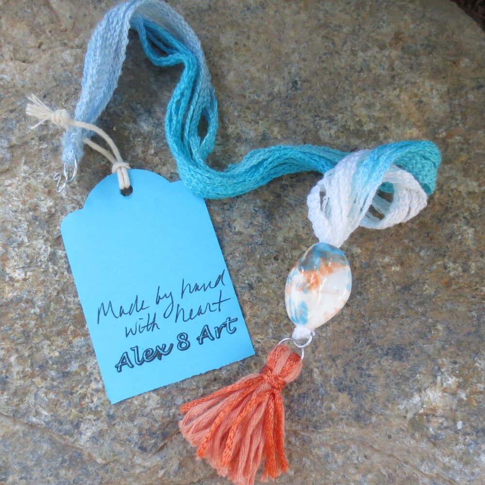 New Necklace Peach Teal White Handcrafted Boho Fiber Painted Ceramic Tassel
